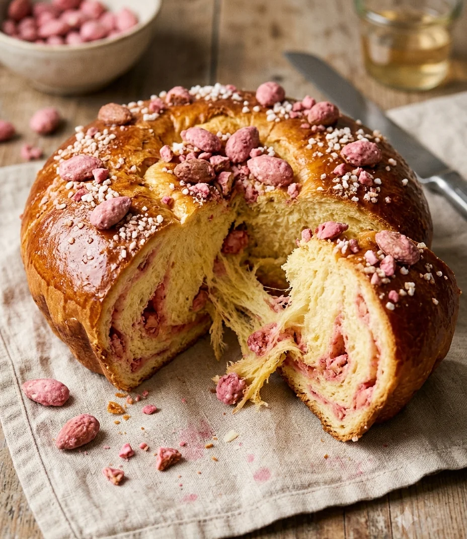 Brioche de Saint-Genix garnie de pralines roses