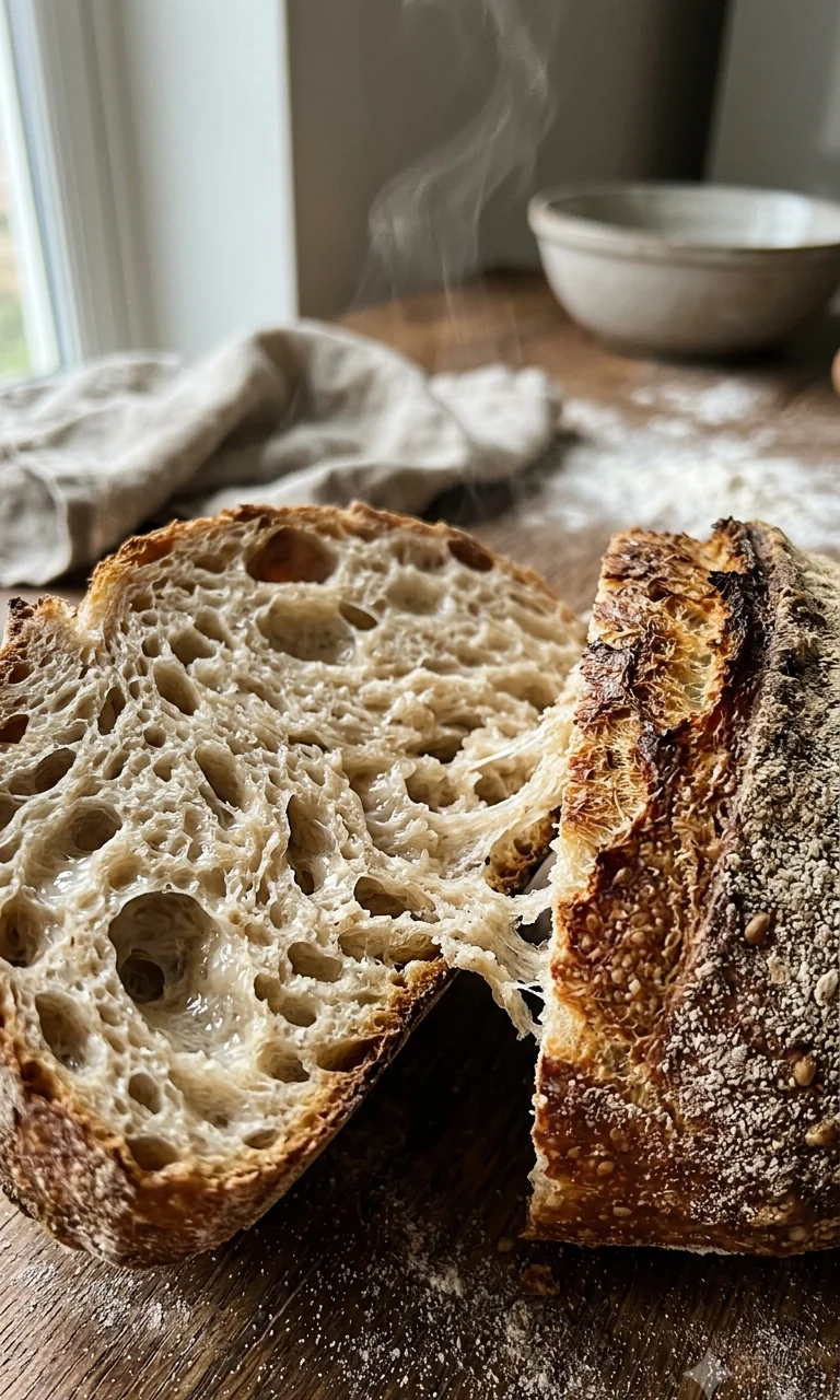 Mie alvéolée d'un pain au levain fraîchement tranché