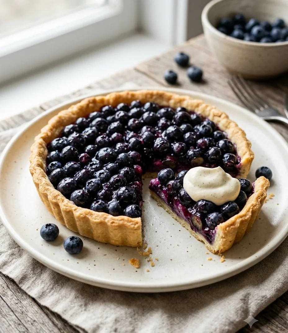 Tarte aux myrtilles de saison, fruits entiers brillants