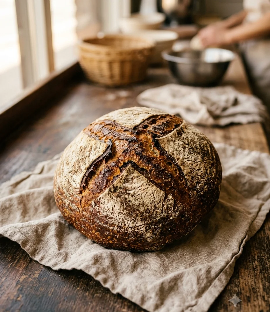 Tourte de meule au levain à la croûte foncée, posée sur bois